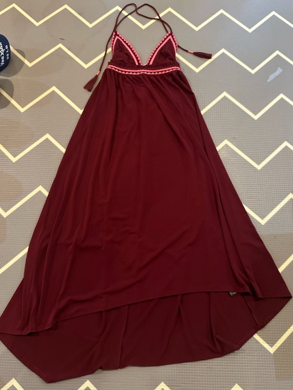 Express Burgundy Halter High-Low Maxi Dress with Pink Trim